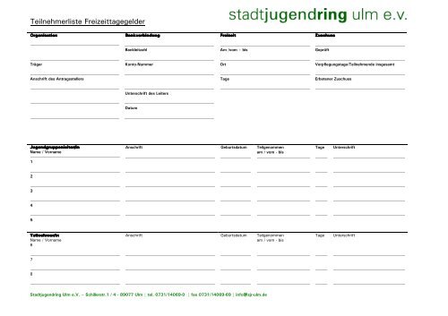 Teilnehmerliste Freizeittagegelder - Stadtjugendring Ulm e.V.