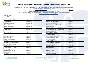 Listão dos Voluntários Internacionais Selecionados para a JMJ