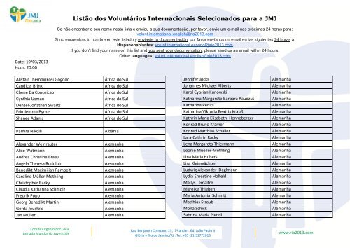 Listão dos Voluntários Internacionais Selecionados para a JMJ