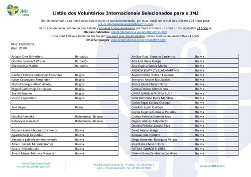 Listão dos Voluntários Internacionais Selecionados para a JMJ