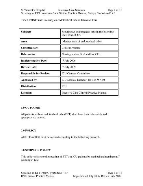 Endotracheal tube, securing - Intensive Care & Coordination ...