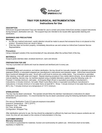 TRAY FOR SURGICAL INSTRUMENTATION Instructions for Use