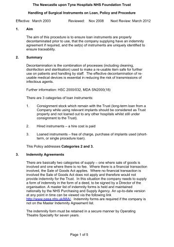 Handling of Surgical Instruments on Loan - Newcastle Hospitals