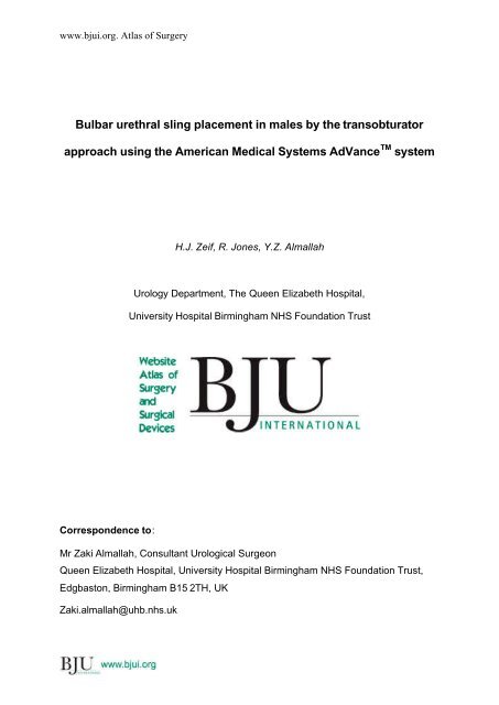 Bulbar urethral sling placement in males by the transobturator ... - BJUI