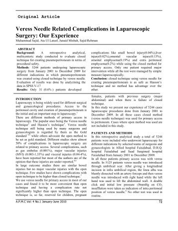 Veress Needle Related Complications in Laparoscopic Surgery