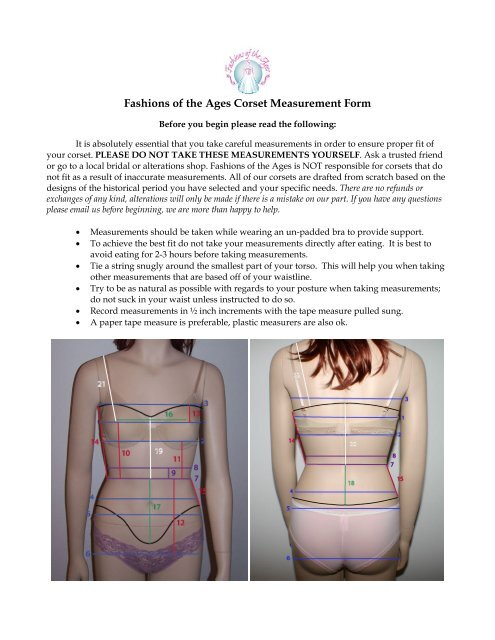 printable PDF corset measurement form - Fashions of the Ages