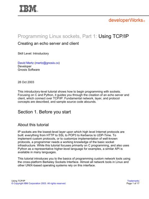 Programming Linux sockets, Part 1: Using TCP/IP - IBM