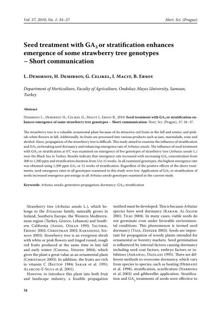 Seed treatment with GA3 or stratification enhances emergence of ...