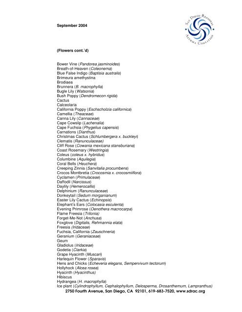 San Diego Regional Asthma Coalition Low Allergy Plant and Tree List