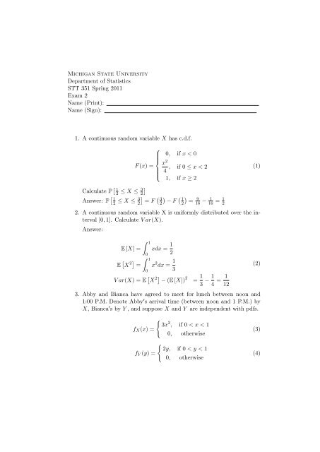 Exam 2 Solutions - Department of Statistics and Probability ...