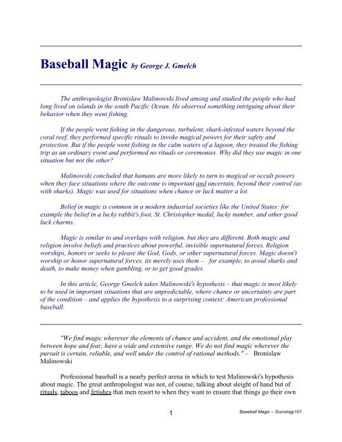 Baseball Magic by George J. Gmelch - Sociology101.net
