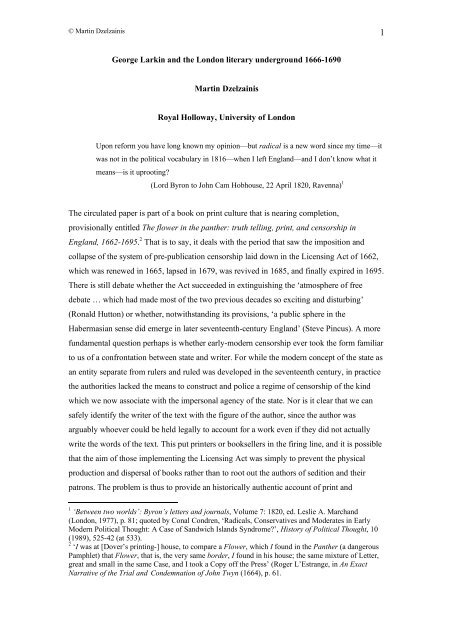 George Larkin and the London literary underground 1666-1690 ...