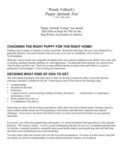 Puppy Aptitude Test - Volhard