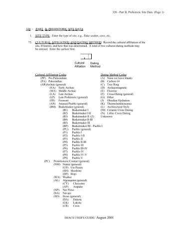 320 - Part B, Prehistoric Site Data (Page 1) IMACS USER'S GUIDE ...