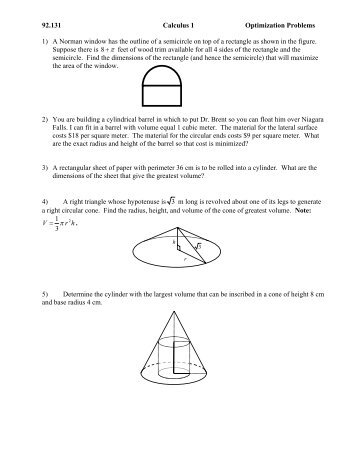 92.131 Calculus 1 Optimization Problems 1) A Norman window has ...