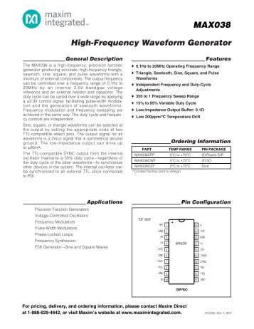 MAX038: High-Frequency Waveform Generator - Maxim