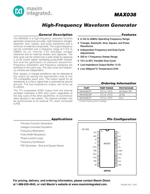 MAX038: High-Frequency Waveform Generator - Maxim