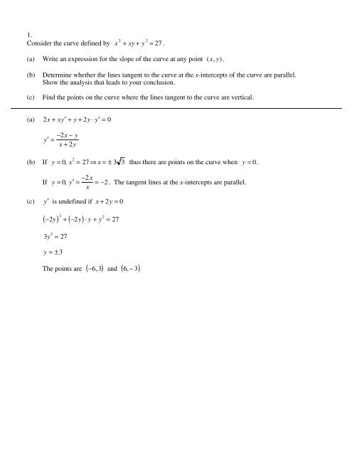 1 Consider The Curve Defined By X2 Xy Y2 27 A Write An