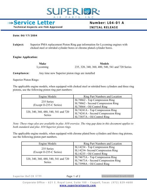 Superior PMA replacement Piston Ring gap information for