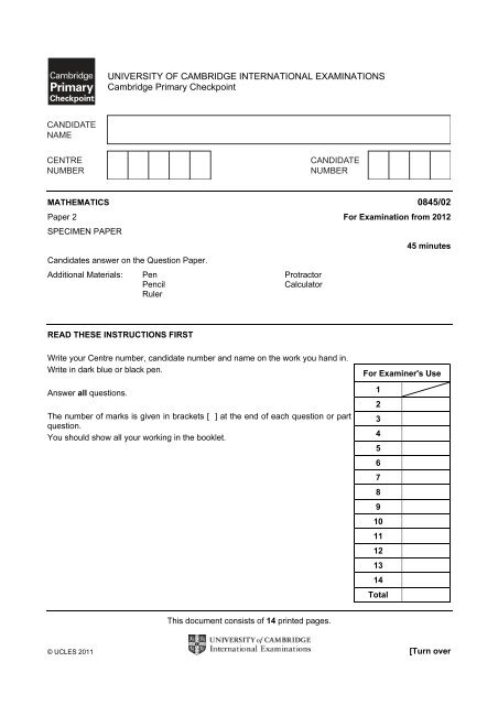 Cambridge Primary Checkpoint Maths Specimen Paper 2 2012