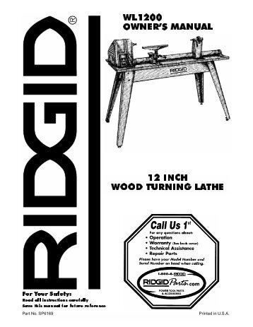 owner's manual wl1200 12 inch wood turning lathe - RIDGID ...