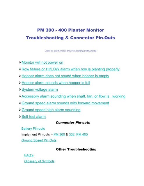 PM 300 - 400 Planter Monitor Troubleshooting & Connector Pin-Outs