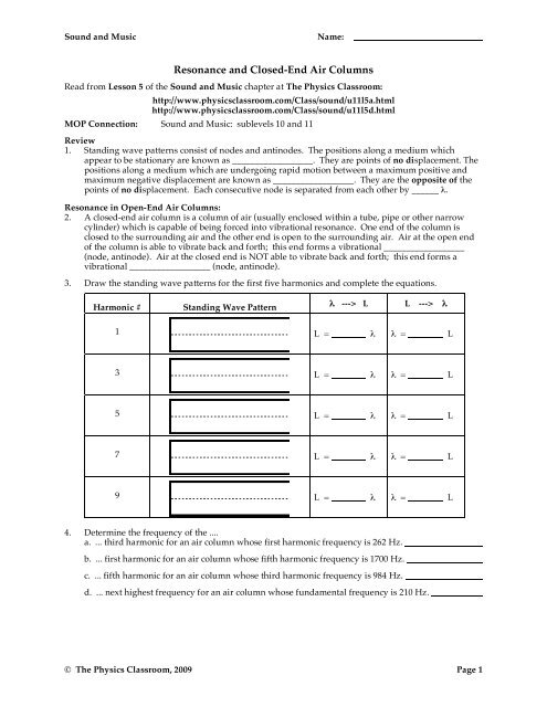 Resonance and Closed-End Air Columns - The Physics Classroom