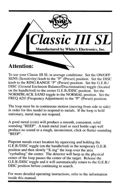 Classic III SL - White's Metal Detectors