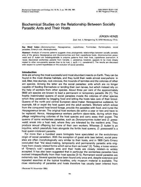 Biochemical Studies on the Relationship Between Socially Parasitic ...