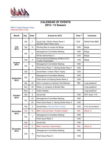 CALENDAR OF EVENTS 2012 / 13 Season
