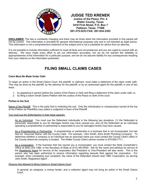 Judge Ted Krenek Filing Small Claims Cases Waller County Clerk