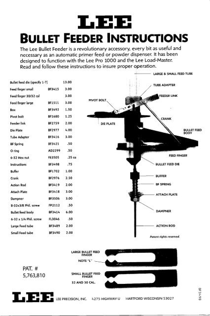 Bullet Feed Kit - Lee Precision,Inc.