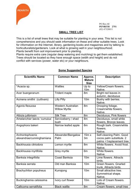 Small Tree species list 2010 - Penrith City Council