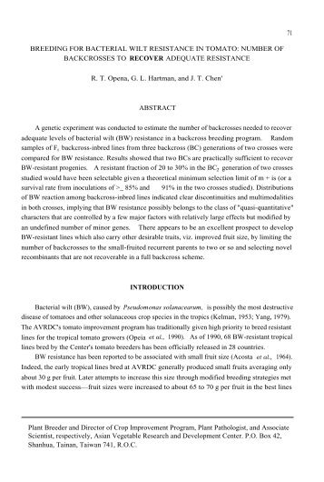 71 BREEDING FOR BACTERIAL WILT RESISTANCE IN TOMATO ...