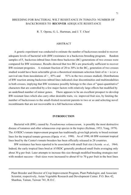 71 BREEDING FOR BACTERIAL WILT RESISTANCE IN TOMATO ...