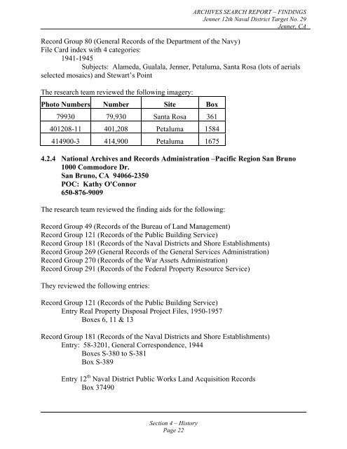 Jenner Bombing Target Archive Search Report Findings