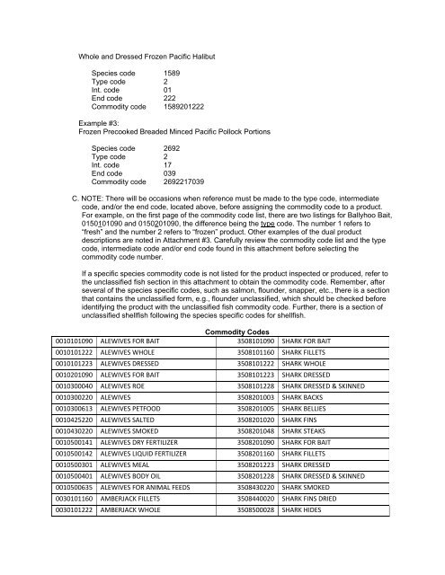 Inspection Commodity Codes - Seafood Inspection Program - NOAA