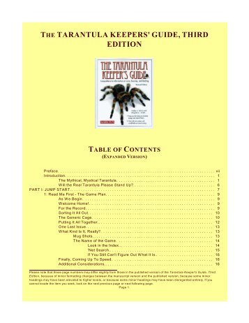 the tarantula keepers' guide, third edition table of contents