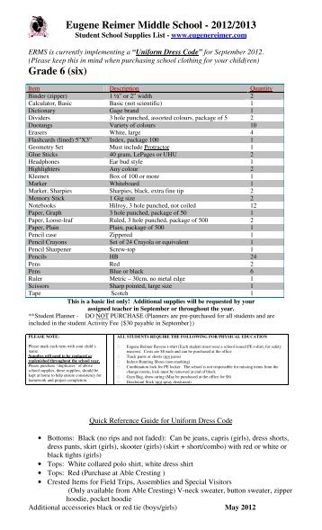 School Supply List for 2012/2013 - Eugene Reimer Middle School