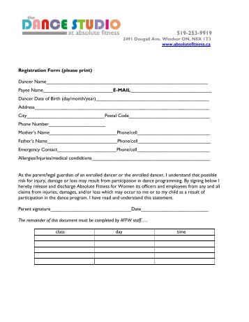 Registration Form (please print) Dancer ... - Absolute Fitness