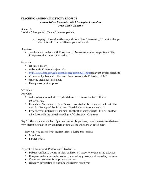 Encounter With Christopher Columbus Lesson Plan Eastconn