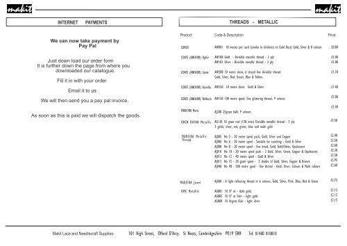 Bobbin Lace Thread Comparison Chart