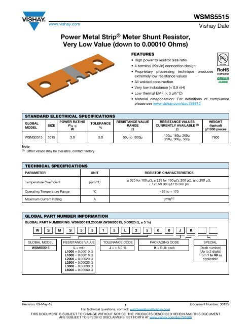 WSMS5515 Power Metal Strip® Meter Shunt Resistor, Very ... - Vishay