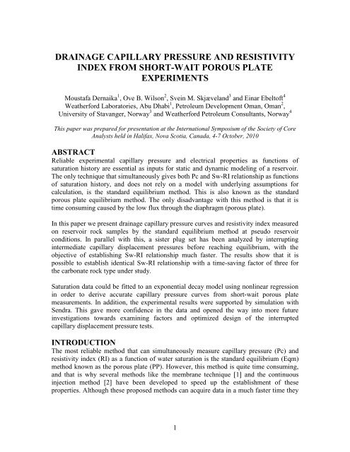 drainage capillary pressure and resistivity index from short