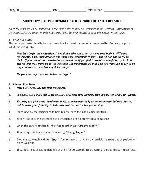 Short Physical Performance Battery Protocol and Score Sheet