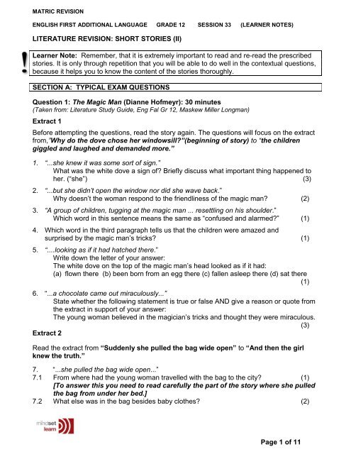 Page 1 Of 11 Literature Revision Short Stories Ii - 