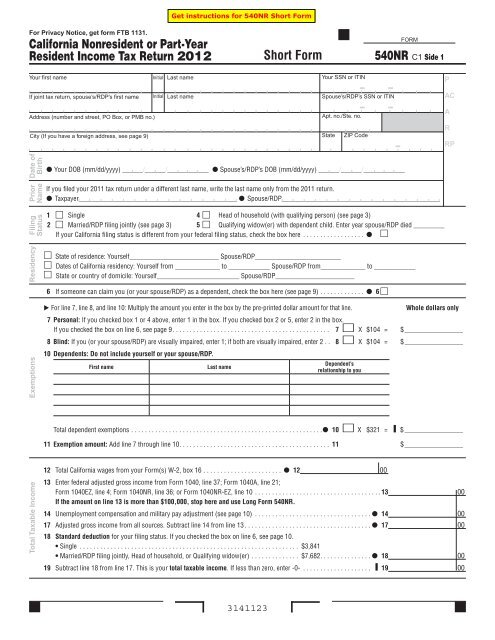 2012 Form 540NR Short - California Franchise Tax Board