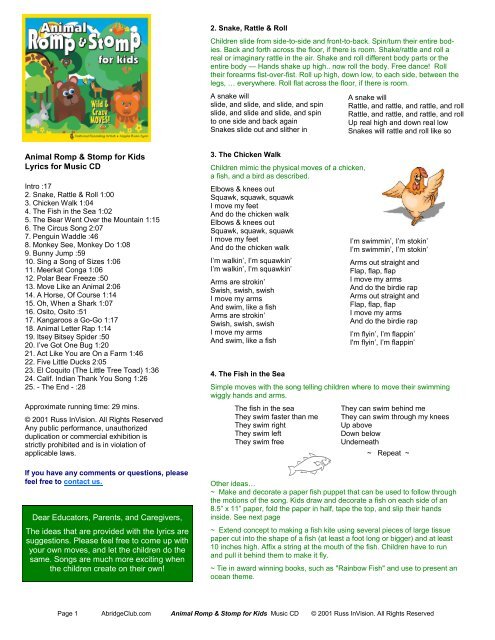 Animal Romp & Stomp for Kids Lyrics for Music ... - AbridgeClub.com