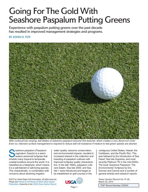 Going For The Gold With Seashore Paspalum Putting Greens