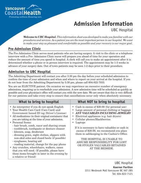 Admission Information - UBC Hospital - VCH Patient Health ...